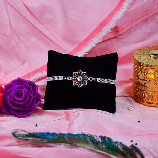 Star Floral Rakhi With Red-green Enamel And Silver Chain